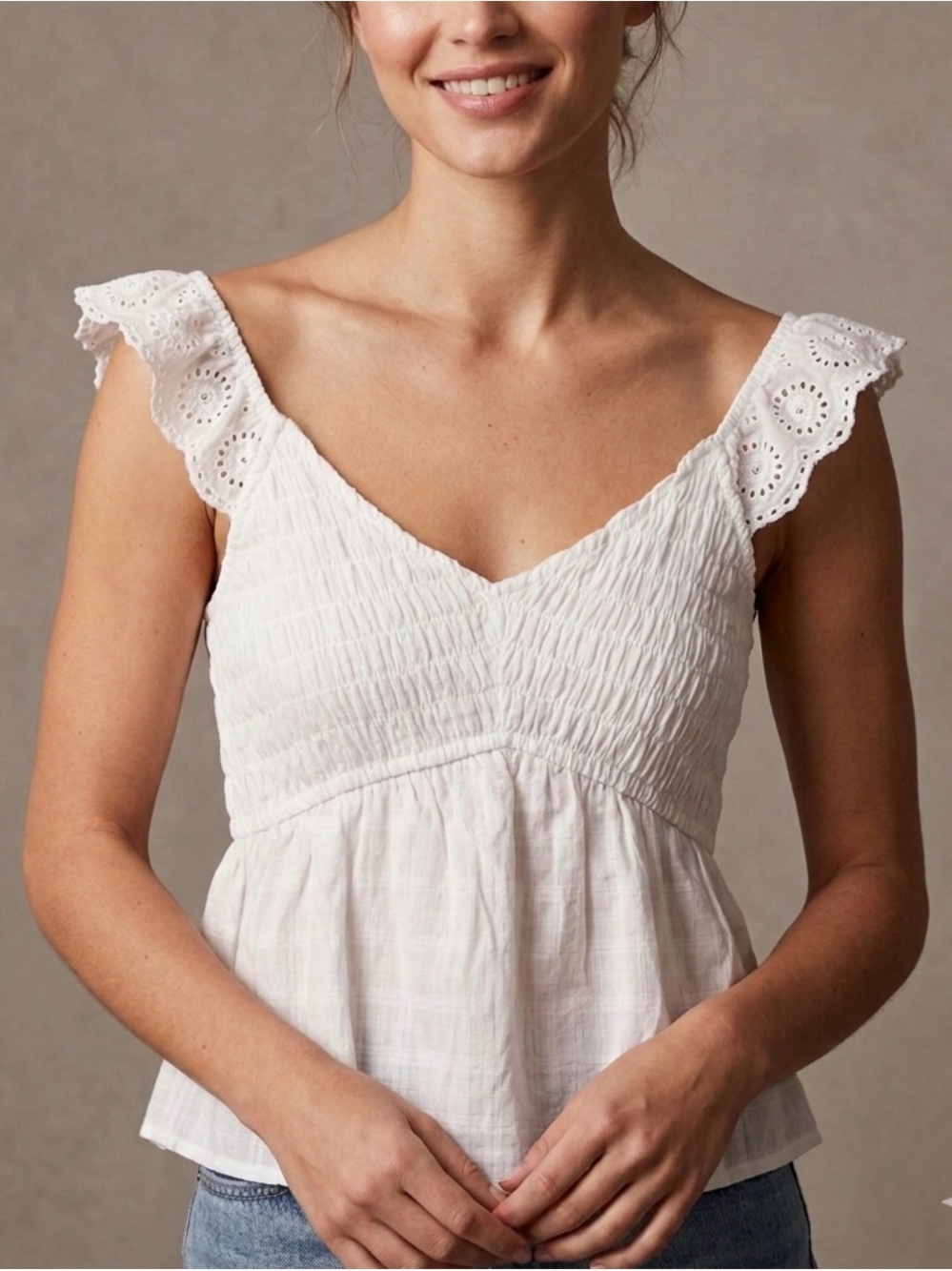 Fashion Nova White Eyelet Flutter Sleeve Smocked Peplum Top